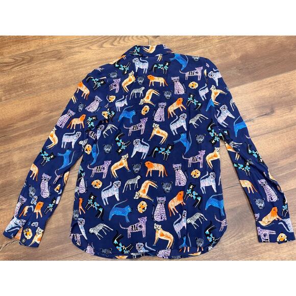 Anthropologie Carolyn Gavin Mariposa Silk Blouse in Blue Jungle Cat Print size 4 - Picture 5 of 10
